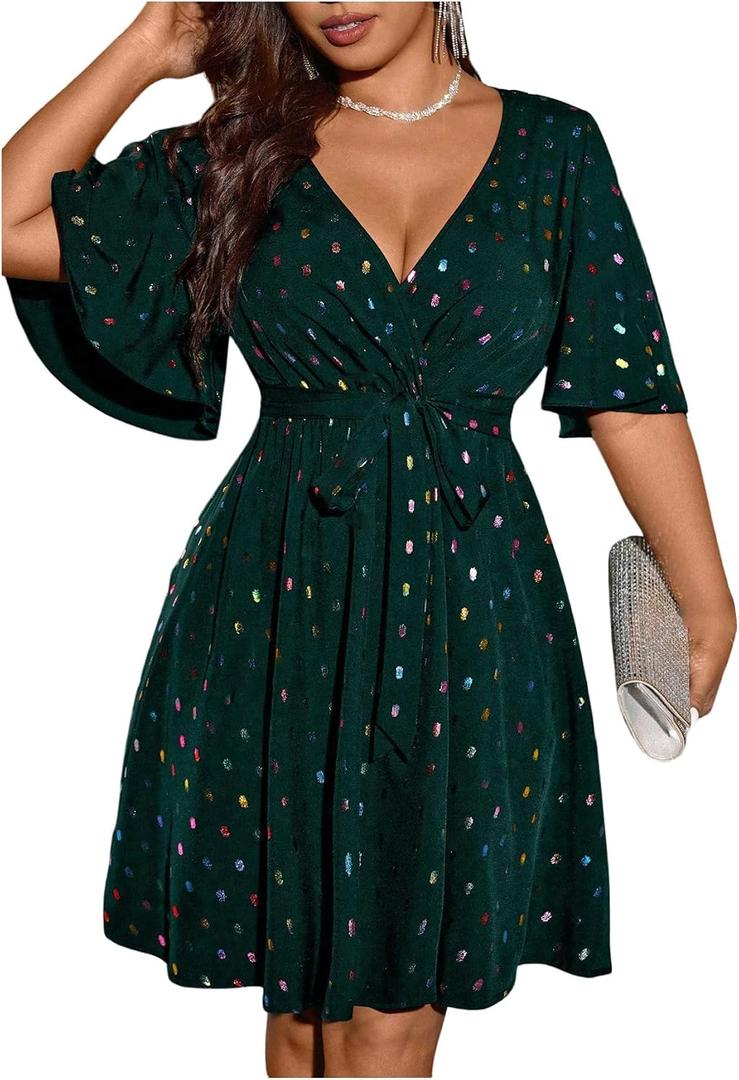 Women's Plus Size Sparkly Cocktail Party Dress Wrap V Neck | Glitter, Sequin, Short Dress, Short Sleeve, Belted, Sparkle Dress for Women Plus Size,Knee High, Dark Green, 4X-Large Plus
