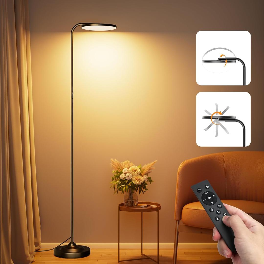 36W LED Floor Lamp, Super Bright Standing Lamp, Modern Stepless Dimmable Torchiere Tall Lamp with Remote Control, 350Rotating Head Reading Floor Lamp for Living Room, Bedroom, Office (Black)