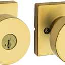 Kwikset Pismo Entry Door Knob with Lock and Key, Secure Keyed Handle Exterior Doorknob, Front Entrance and Bedroom, Satin Brass, Square, Pick Resistant SmartKey Rekey Security, Microban Protection