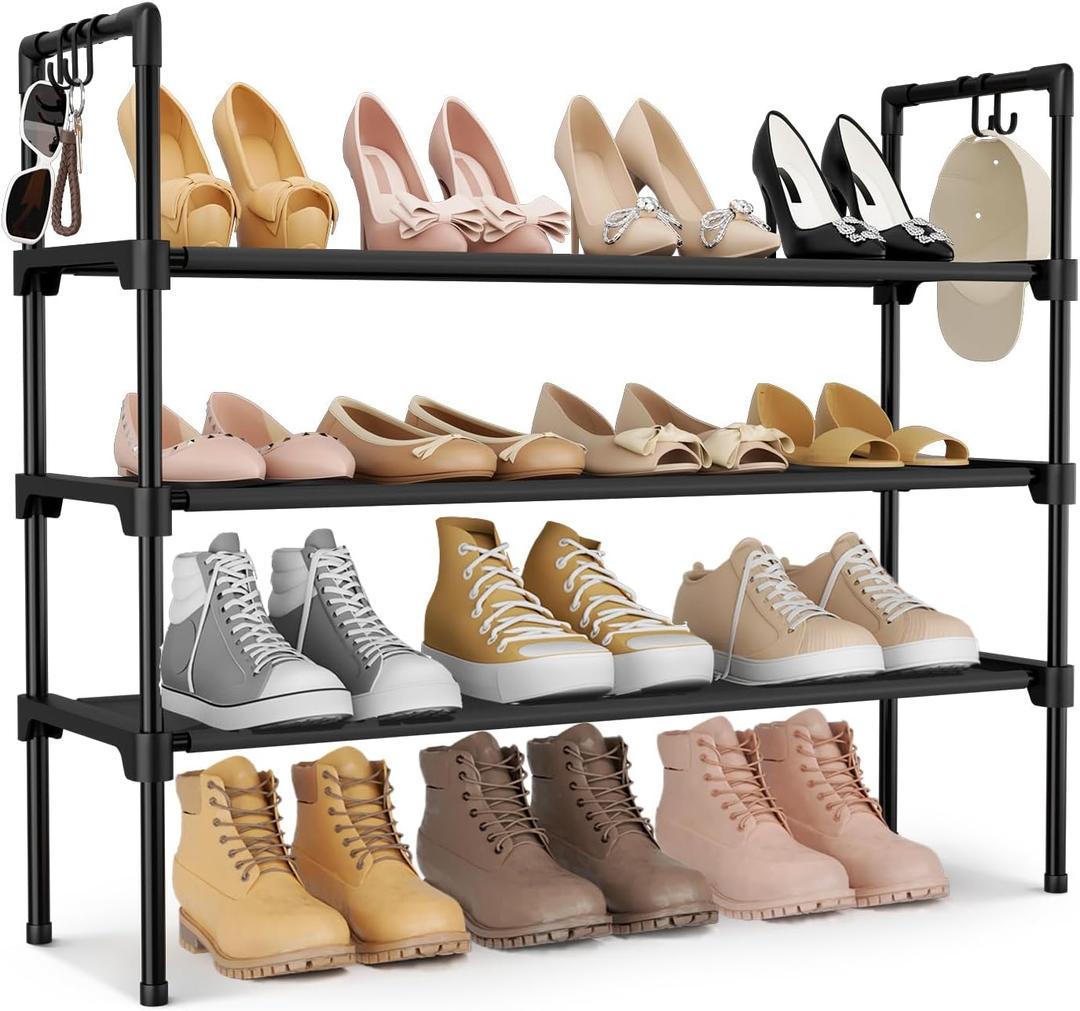 3 Tier Shoe Rack for Closet, Shoe Organizer with 5 Hooks, Long Shoe Shelf Storage for Sneaker and Boot Stackable Free Standing Shoe Rack for Entryway, Garage, Small Spaces, Dorm (Black)