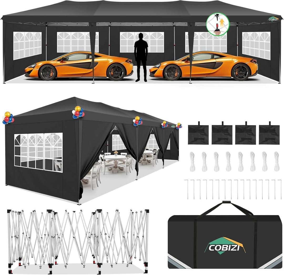 COBIZI 10x30 Pop Up Canopy Tent with 8 Sidewalls Party Tents for Parties Weddings Backyard Waterproof Commercial Instant Outdoor Events Tent with Stakes, Ropes,Sandbags10 x 30 ft Black