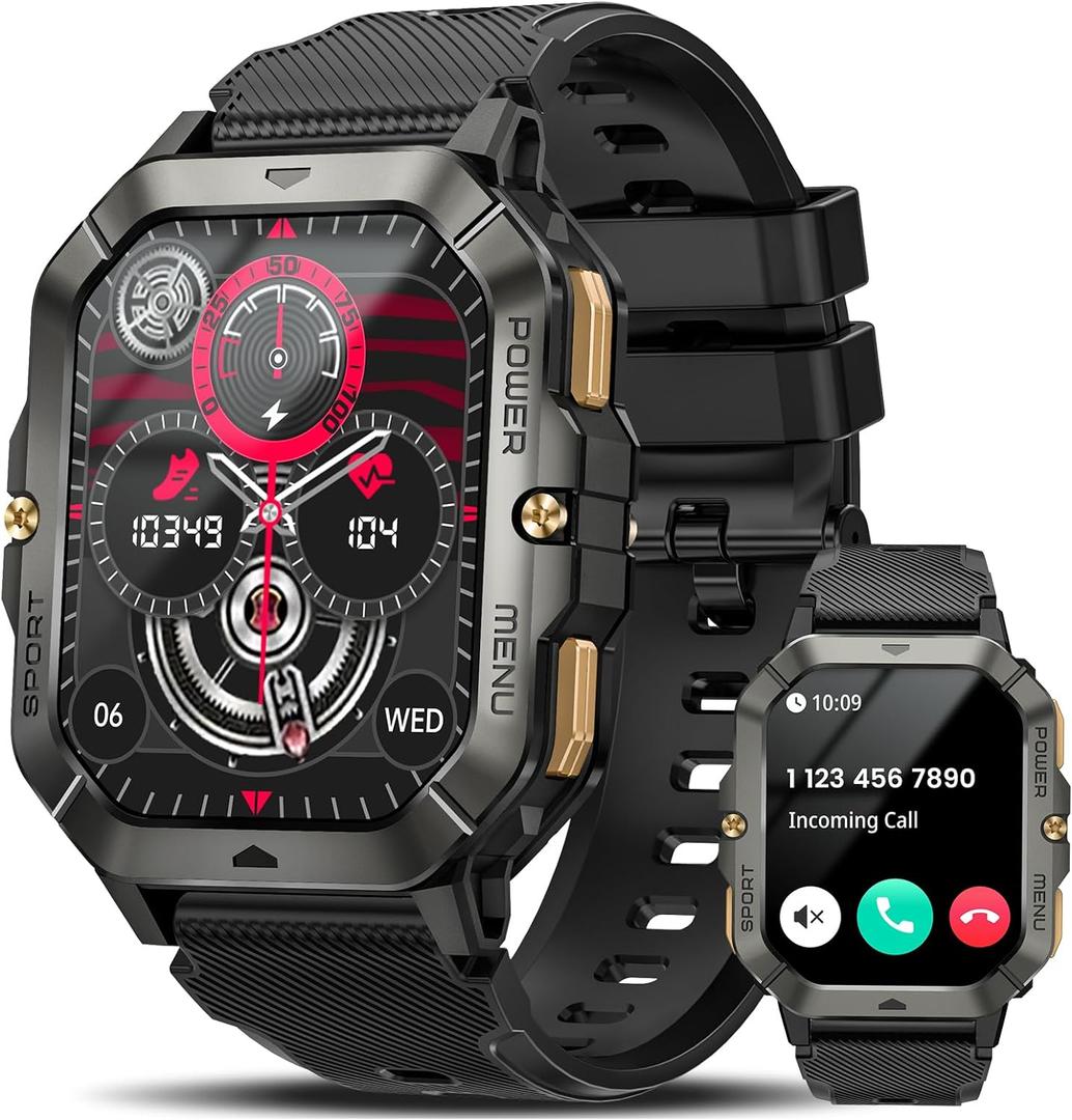 Military Smart Watches for Men (Answer/Make Calls), 2.02'' Fitness Smart Watch for Android and iPhone, Waterproof Fitness Tracker with Blood Pressure/Heart Rate/Sleep/100+ Sport Modes, Watches for Men (Black)