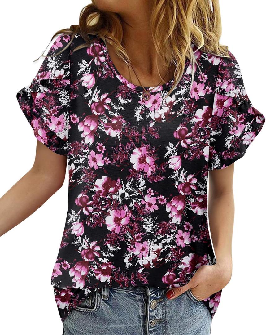CRAZY GRID Women's Shirts Summer Casual Crewneck Ruffle Short Sleeve Blouses Cute Floral Print Tunic Tops (XXXL)