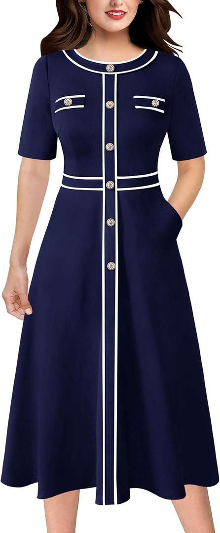 VFSHOW Womens Elegant Buttons Pockets Work Business Office Fit and Flare Midi Mid-Calf A-Line Dress (Blue)