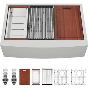 Sarlai 36 Farmhouse Kitchen Sink Double Bowl - 36 x 22 Inch Farm Sink Stainless Steel Apron Front 16 Gauge Ledge Workstation Sinks Low Divide 50/50 Double Basin Under Counter Kitchen Farmer Sinks