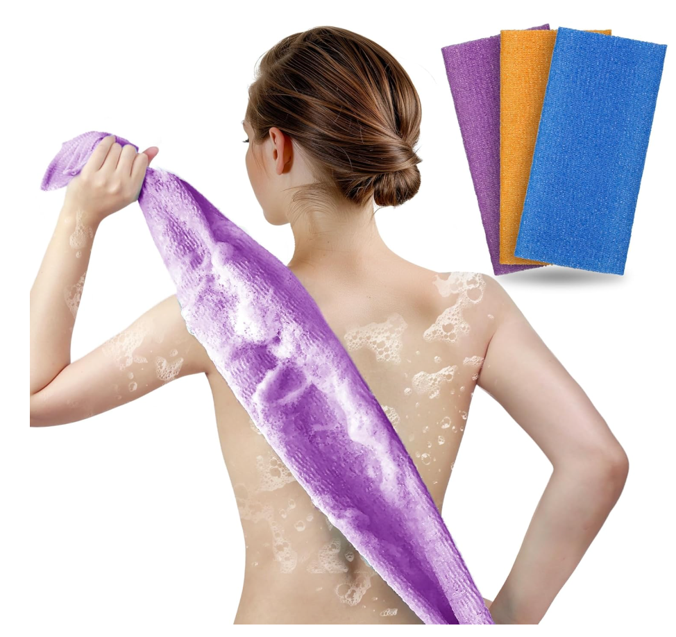 ARCH&M 3 Pack Exfoliating Towel for Body, 35Inch Korean & Japanese Style Washcloth for Shower, Deep Clean & Smooth Skin, Nylon Back Scrubber, More Hygienic Than Loofah (Orange Purple NavyBlue)