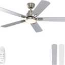 warmiplanet 52 Inch Indoor Ceiling Fans with Lights and Remote Control, 6 Speeds Slient Reversible DC Motor, 3 Color Dimmable LED Light, Timer, Brushed Nickel, 5 Blades