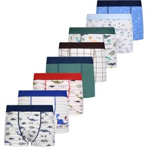 Boys Breathable Dinosaur Car Cotton Boxer Brief Underwear Sets (2-4T, Blue-8 Pack)