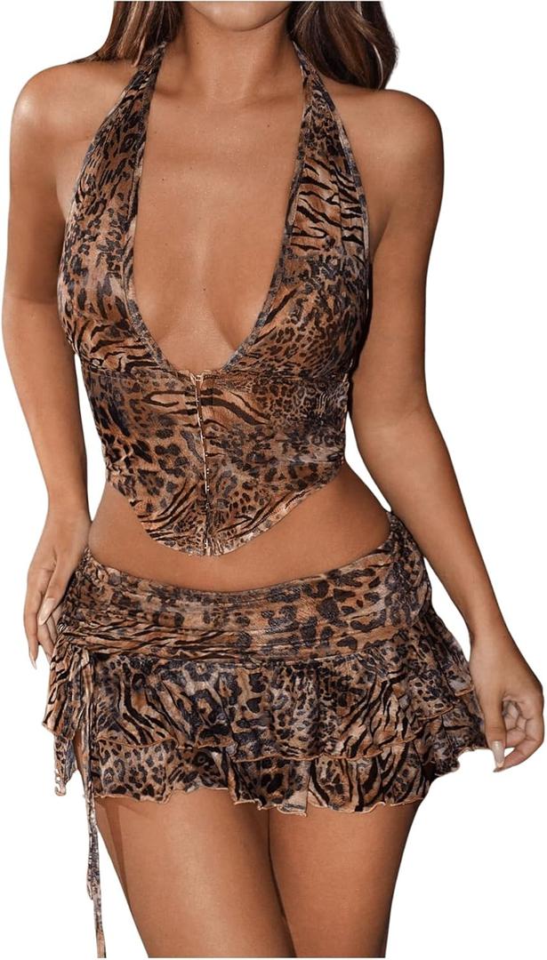 SHENHE Women's 2 Piece Skirt Sets Y2k Rave Outfits Summer Leopard Halter Top Ruffle Mini Skirt Sets Going Out Dress (Brown, XXS)