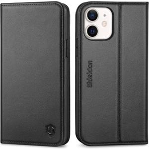 SHIELDON Case for iPhone 12/12 Pro 5G, Genuine Leather Wallet Case Magnetic RFID Blocking Credit Card Holder Kickstand Shockproof Cover Compatible with iPhone 12/12 Pro (6.1 Inch 2020) - Black