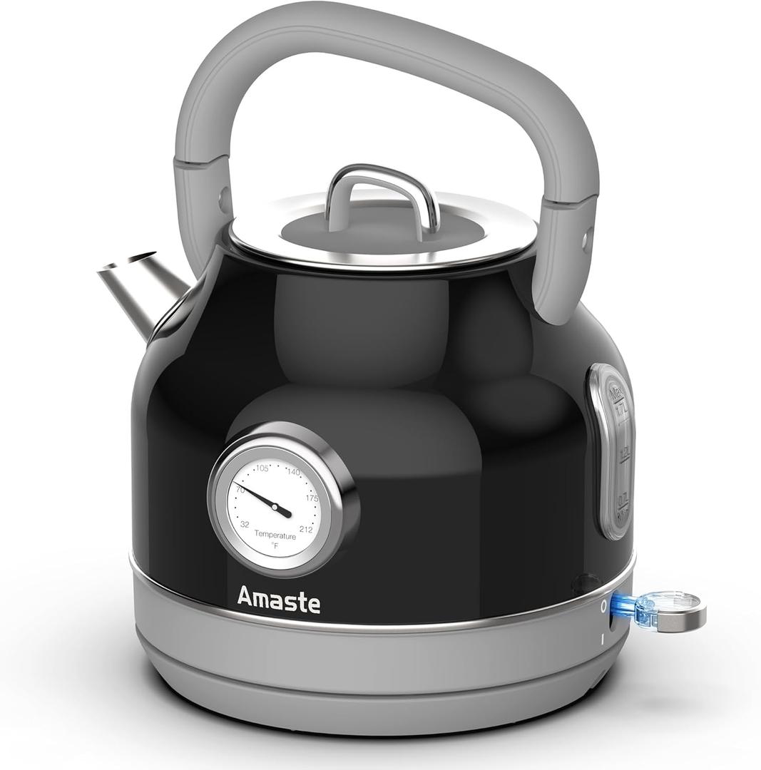Amaste Electric Kettle, Retro Electric Tea Kettle with Thermometer, 57 Oz Hot Water Kettle for Coffee & Tea, 304 Stainless Steel, 1500W Fast Boiling, Auto Shut-Off & Boil Dry Protection, Black
