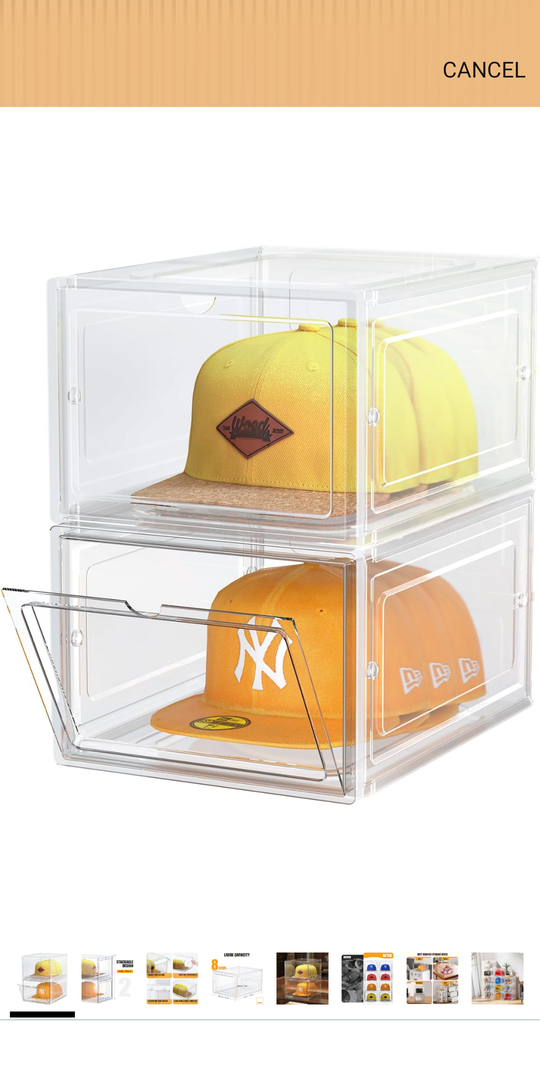 Hat Organizer Box, Stackable Clear Baseball Caps Holder Box Containers with Magnetic Door for Hats Snapback Cap Storag, Hat Rack Display Case, Holds 8 Hats Each (Clear, 2 Pack)