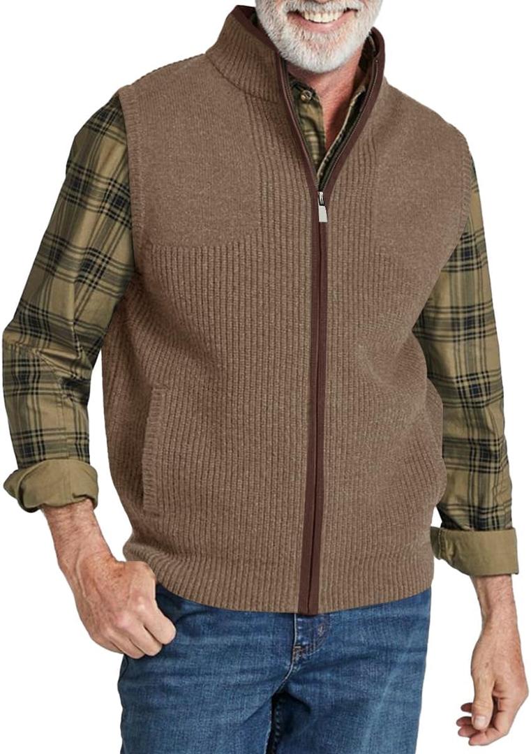 Ryannology Mens Sweater Vest Zip up Casual Sleeveless Cardigan Knitted Stand Collar Regular Fit Jacket with Pockets (Brown)