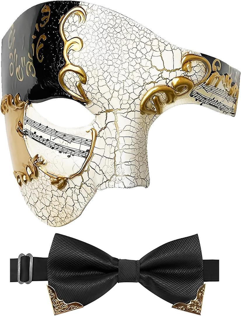 IncreDecor Masquerade Mask for Men Phantom of The Opera Half Face Mask with Bowtie, Venetian Masks for Halloween Party (Black)