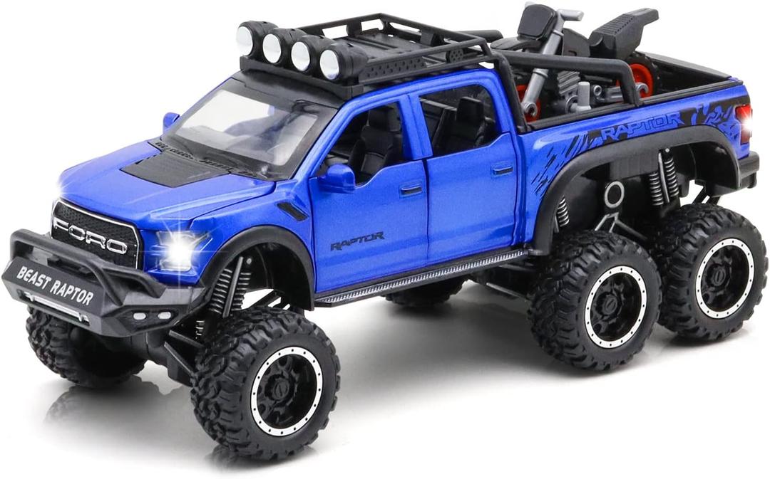 Monster Trucks for Boys - 1/24 Scale Die-Cast Metal Toy Car F150 with Sound and Light,Pickup Truck and Trailer Cars Toy Cars for 3+ Year Old Boys (Blue) 