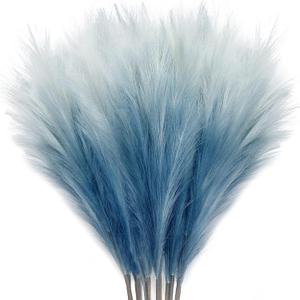 KALYLOC 8Pcs 35.4 Blue Colorful Faux Pampas Grass, Fluffy Artificial Bulrush Branches Boho Decor, Filler Tall Pampas Grass Reed Fluffy Stems for Living Room Wedding Decoration