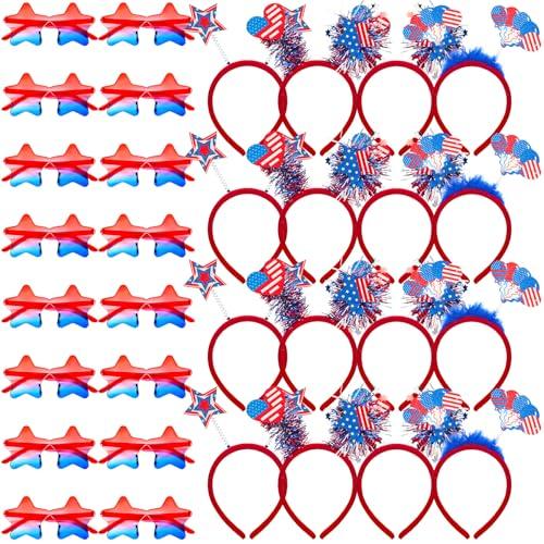 Hotop 27Pcs Patriotic Headbands and 4th of July Star Sunglasses Include16 Pcs Independence Day Headband Hair Band 16 Peices Red Blue and White Glasses for Memorial Day Supplies