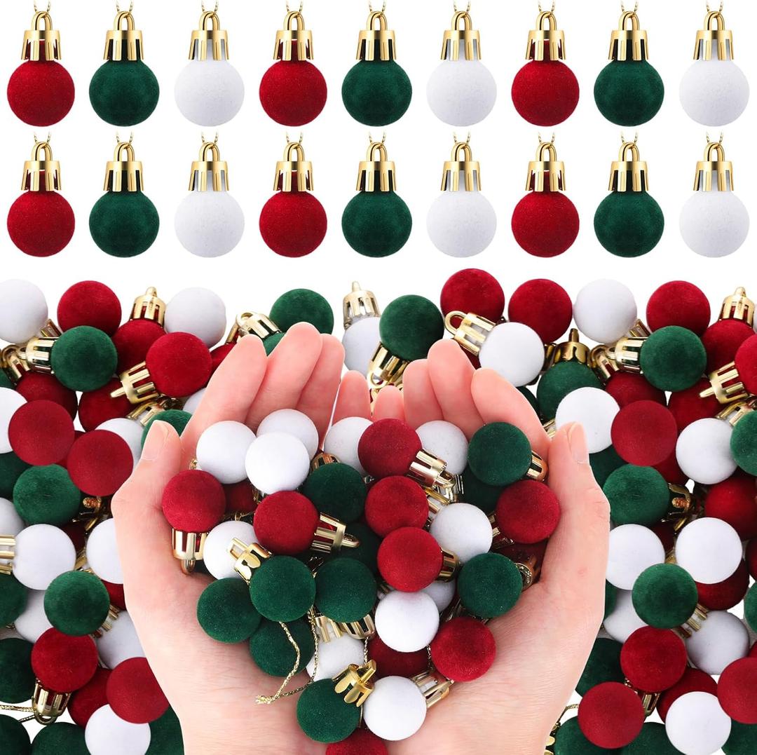 120 Pcs Mini Christmas Velvet Balls Ornaments Bulk, 0.79inch / 20 Mm, Flocked, Ready to Hang for Christmas Tree, Wreaths, Patio(Christmas Colors)