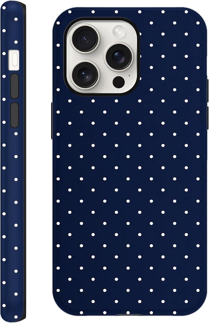 Polka Dot Phone Case for iPhone 15 Pro Max Cute Trendy Pattern Case 6.7", Aesthetic Stylish Print Design 2-in-1 Matte Cover Hard PC Shockproof Soft TPU Protection Girls Women Funda, Navy Blue