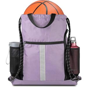 BeeGreen Lilac Drawstring Backpack Bag Gym Sports Backpack with Shoe Compartment and Two Water Bottle Holder for Women Men Large String Athletic Sackpack Workbag
