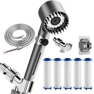 Shower Drops Head Filtered Showerhead With Five Filters,Filtered Shower Head With Handheld,High Pressure Turbo Showerhead,Reusable,Adjustable Settings With Hose 5-piece set, Missing detail