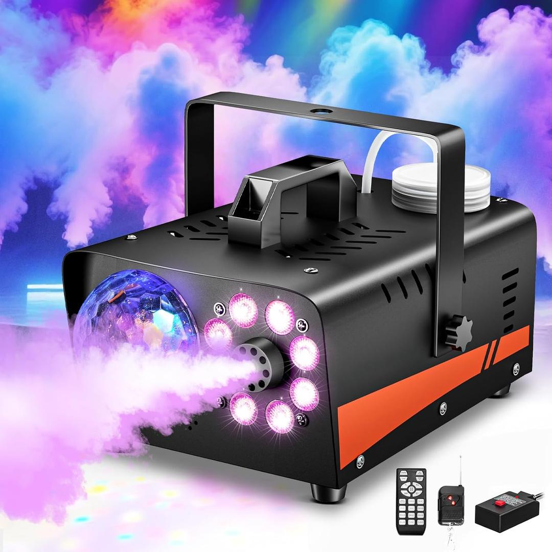 1200W Fog Machine, Smoke Machine Fog with Disco Ball Lights, 6000CFM with 13-Color LED Effects, Wired And Wireless Remote Controls, Ideal for Indoor, Outdoor, Wedding, Parties, and Halloween