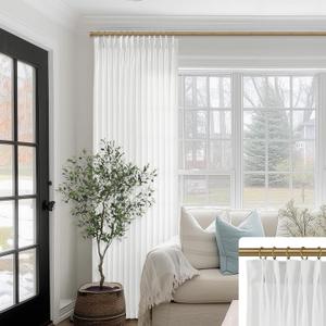 SHINELAND 108 Inch Long White Linen Sheer Curtains for Track System Ceiling Mount,Pinch Pleated Extra Long Curtains for Bay Window 2 Panels Set