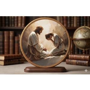 Jinhaichen Alabaster Jar Round Wall Art Framed, Mary Anoints Jesus Round Wall Decor, Christ Christian Religious Hanging Canvas Prints for Bedroom Living Room Decoration, 10x10 Inch