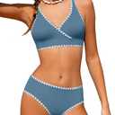 KANGKANG Girls Swimsuit Bikini Set, Teen Swimsuits for Girls 13-14 Solid Color V-Neck Two Piece Bathing Suit with Chest Pad Adjustable Straps Swimwear Set, Size 13-14