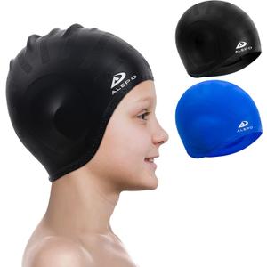 2 Pack Kids Swim Caps for Boys Girls, Durable Silicone Swimming Cap with 3D Ear Pockets for Age 3-15 Toddler Child Youth Teen, Unisex Swim Bath Hats for Short/Long Hair with Ear Plugs Nose Clip (Black&Blue)