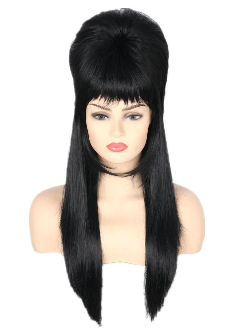 Topcosplay Womens Wig Black Straight Beehive Bouffant Wig Long Halloween Costume Party Wigs