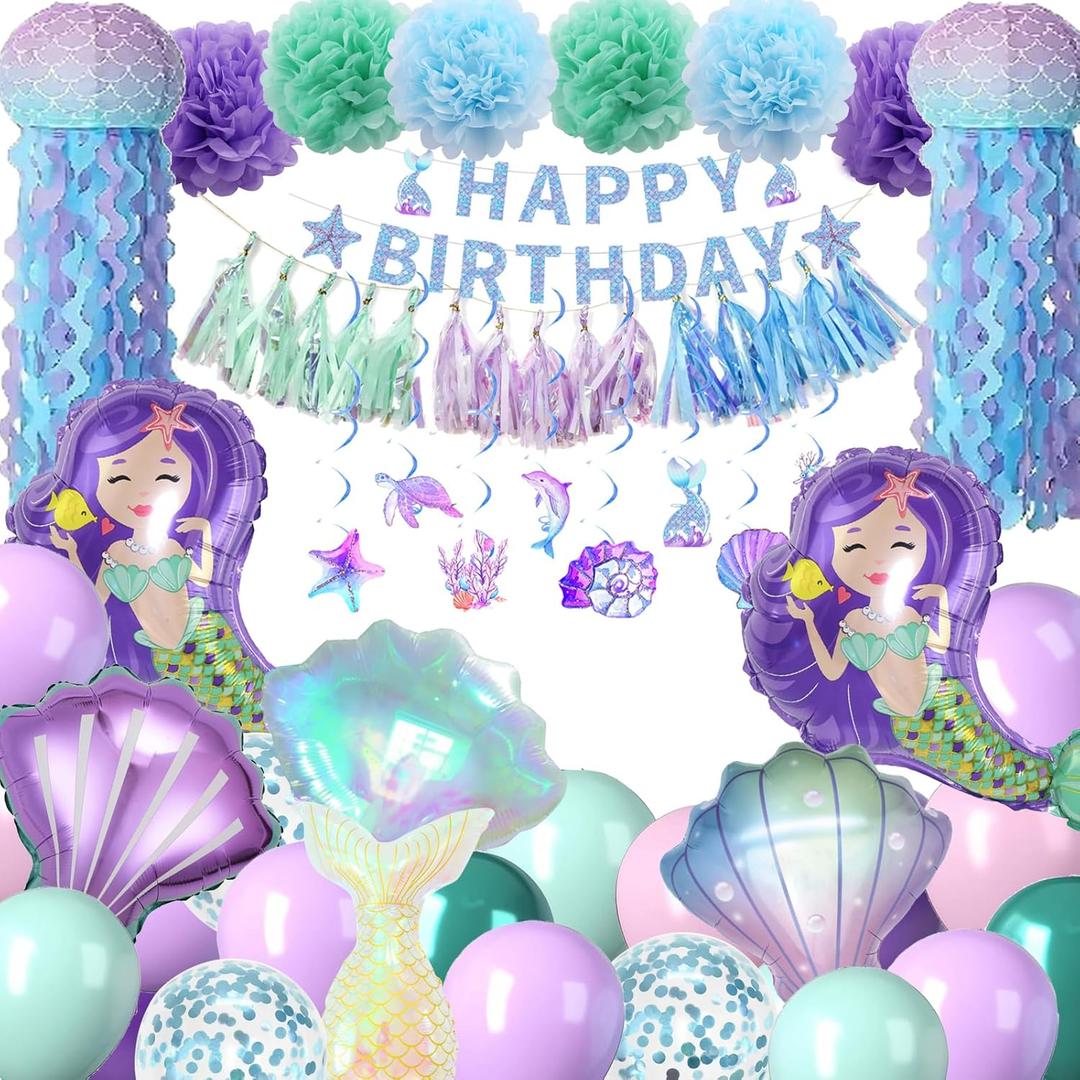 Mermaid Birthday Party Decorations for Girls 49PCS Under the Sea Party Kit with Mermaid Balloons, Happy Birthday Banner, Tassel Garlands, Paper Flowers & Jellyfish Lanterns