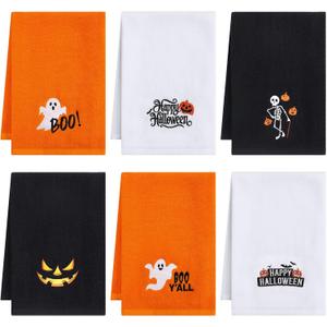 6 Pcs Halloween Hand Towels Ghost Pumpkin Skull Embroidered Dish Towel Set Decorative Dish Cloths for Halloween Drying Cleaning Cooking Gift Kitchen Bathroom Home Decor, 29.5 x 13.8''
