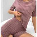 SOLY HUX Women's Pajama Bottom Ribbed Knit Casual Skinny Lounge Shorts Sleepwear Dusty Pink X-Large