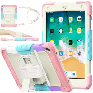 SEYMAC stock Case for iPad 6th / 5th Generation Case/Air 2 / Pro 9.7 inch, Heavy Duty Protective with Screen Protector, with Pencil Holder, Hand Strap, Shoulder Strap, 360 Rotate Stand,Yellowish+Pink