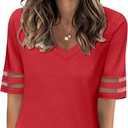 TICTICMISS Women's V Neck T Shirts Mesh Panel Short Sleeve Tops Casual Summer Tees (Red, M)