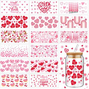 Resurhang 15 Sheets Valentine's Day UV Dtf Cup Wrap Transfer Stickers for 16 oz Pink Heart Dtf Cup Wraps for Glass Water Bottle Waterproof Rub on Transfers Mug Decals Crafting DIY Decor
