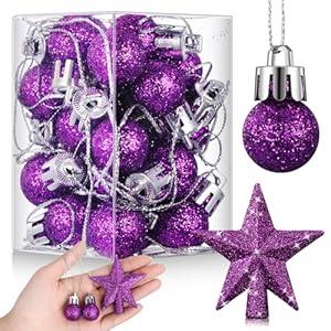 Round Funny 25 Pcs Mini Christmas Ornaments Set 0.79 Inch Glitter Christmas Ball Tree Topper Star Hanging Ornaments for Party Decoration(Purple)