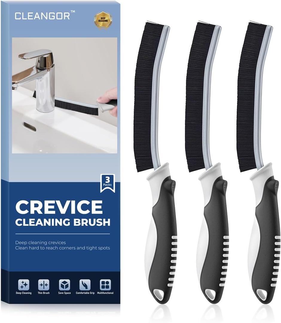 2 x Crevice Cleaning Brushes, Scrub Brush for Hard to Reach Small Space, Home Essentials, Cleaning Supplies, Cleaning Tools for Household Use, Bathroom, Shower, Kitchen, Toilet, Window (3, Black)
