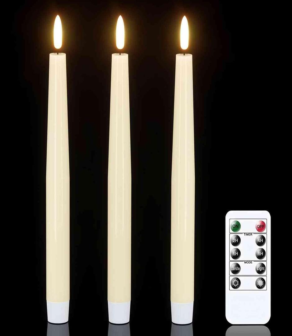 GenSwin Flameless Taper Candles with Remote Timer, Real Wax LED Flickering Candlesticks Battery Operated 3D Wick for Wedding, Party, Home (Ivory, 9.84", Set of 3)