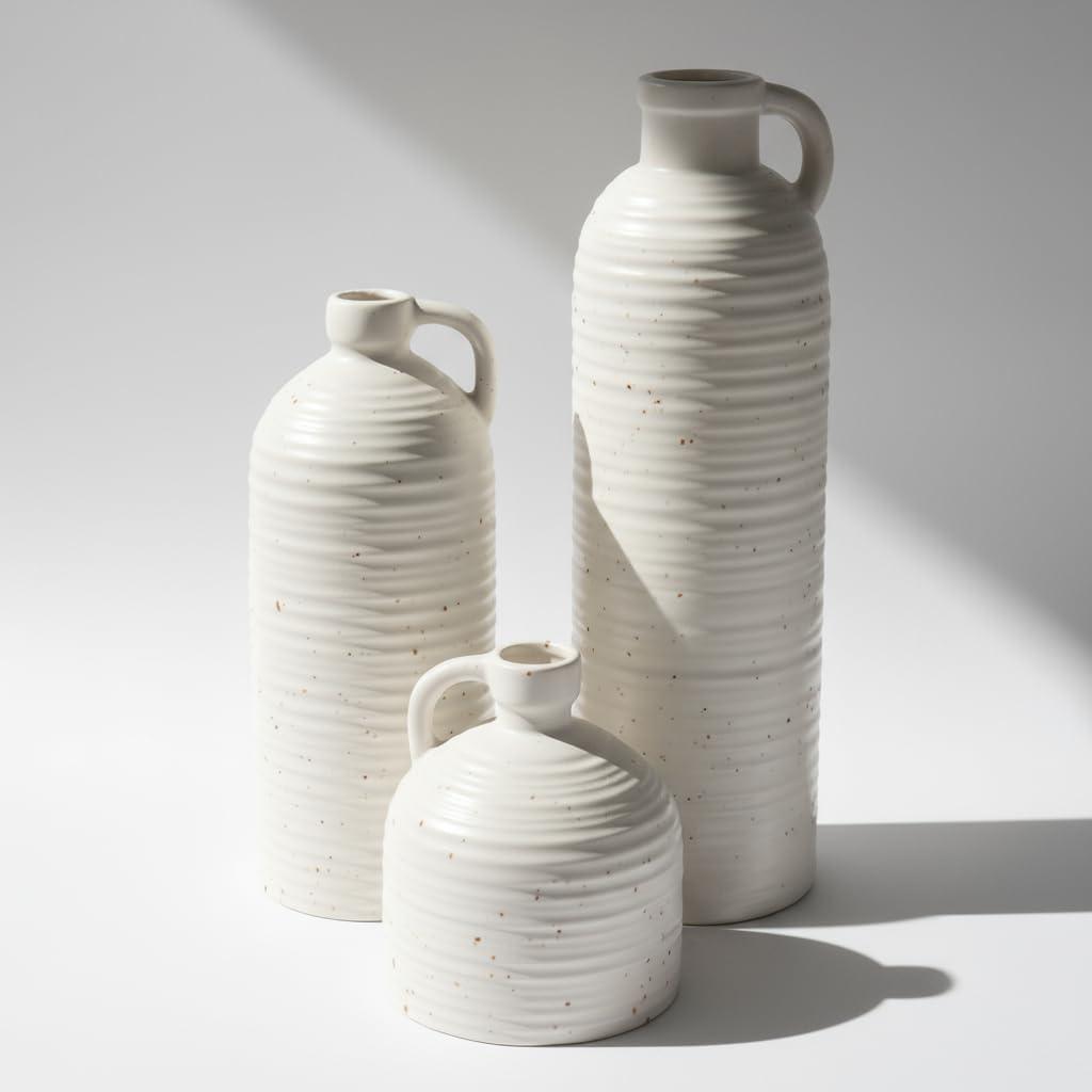 White Ceramic Vase Set of 3 with Handle Ribbed and Dotted Jug Vases for Rustic Farmhouse Table Centerpiece, Shelf & Mantel Decor