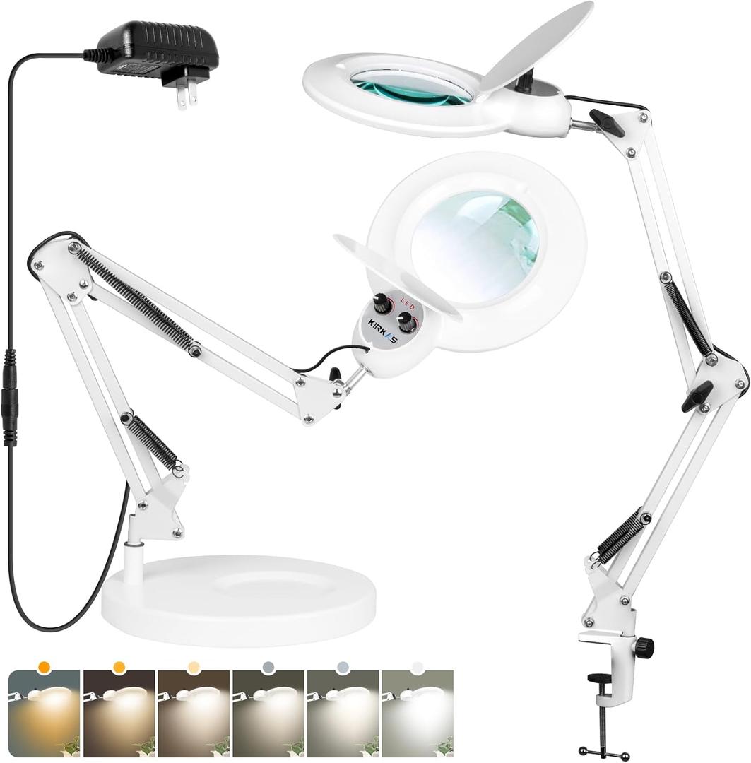 10X Magnifying Glass with Light and Stand, KIRKAS Upgrade Infinite Color Modes & Stepless Dimming LED Magnifying Lamp with Clamp, 2 in 1 Lighted Magnifier Lamp for Craft Reading Hobby Close Work-White