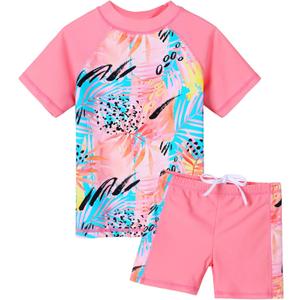 Girls Two Piece Swimsuit Floral UPF 50+ Rash Guard Set Kids Beach Swimwear (9-10 Years, Peach)