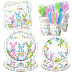 Happy Easter Plates and Napkins 168pcs Easter Party Supplies Tableware Set Easter Bunny Paper Plates and Napkins Cups for Spring Themed Easter Birthday Party,Serves 24