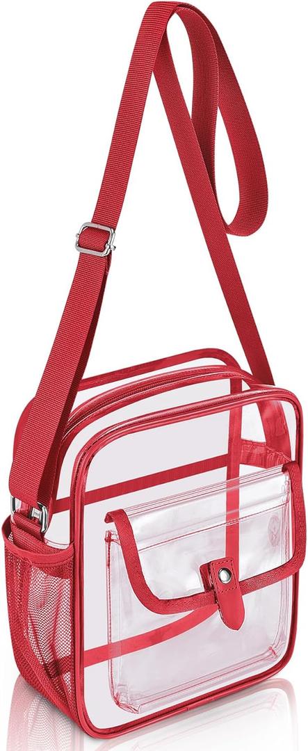 SPODEARS Clear Crossbody Bag for Stadium Events & Concerts - Adjustable Shoulder Strap Purse with 1 Bottle Holder (Medium, Red)