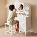 YeTom Vanity Desk with Mirror, 4 Fabric Drawers, LED Lights, Bedroom, White | 3-color LED, Cushioned Stool, 4 Fabric Drawers, Storage Open Shelves, White, 34.3in 