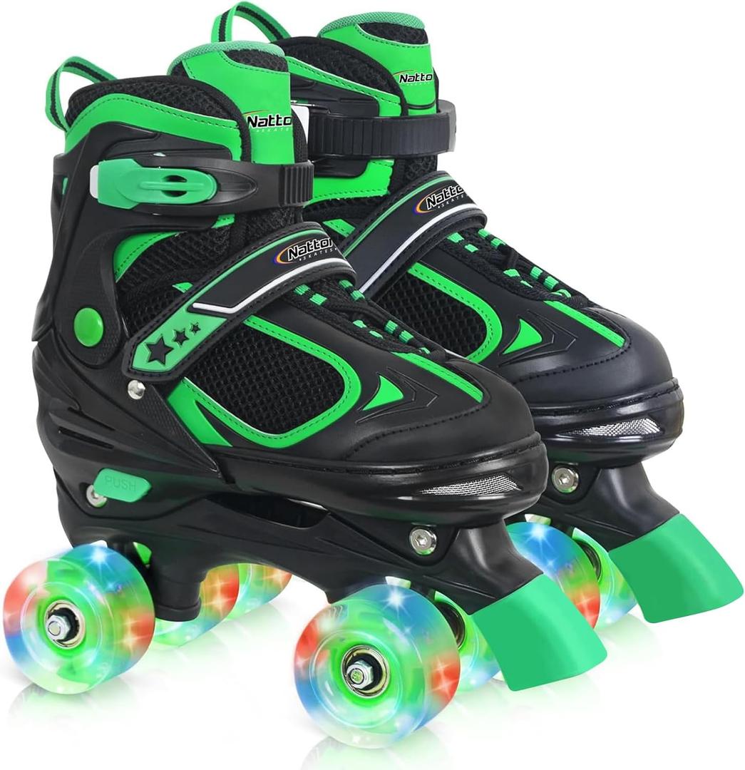 Nattork Kids Roller Skates for Boys Girls Kids, 4 Sizes Adjustable Quad Skates with All Light up Wheels - Birthday Gift for Indoor Outdoor Sports, Large