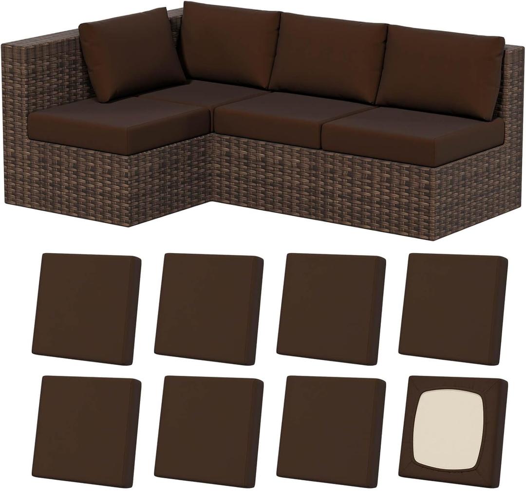 8Pcs Stretch Patio Cushion Covers, Outdoor Couch & Sofa Replacement Slipcovers for Patio Furniture Cushion Covers, Washable Reusable Furniture Protector, Square-Small, Dark Coffee