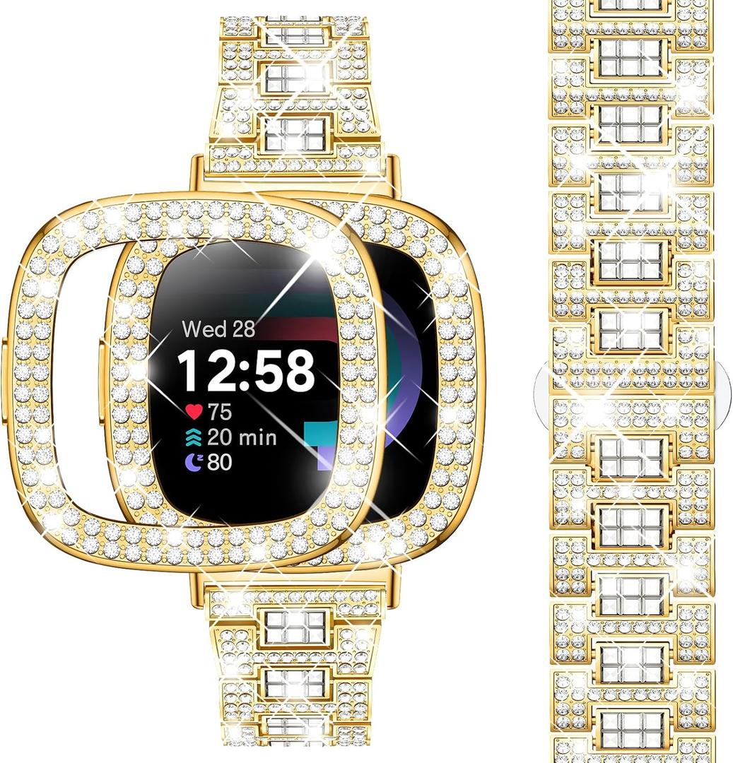 Dsytom Bling Stylish Watch Band Compatible With Fitbit Versa 4, Sense 2, Versa 3, Sense - Cute Strap With Rhinestone Protective Case Cover for Women (Gold)