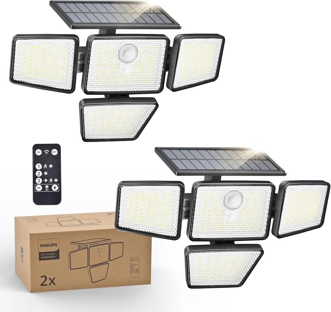 Philips Solar Security Light Outdoor, 196 LED Wall-Mounted Flood Light w/PIR Motion Sensor, 3 Modes, 4 Adjustable Heads Solar-Powered Floodlights with Remote Control, IP65 Waterproof 2PK